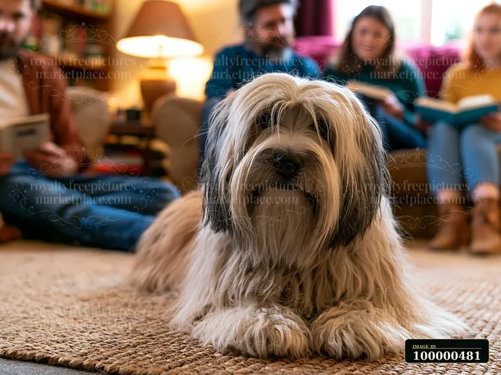 A rare dog breed family with dog sits in a living room, with family members reading books nearby.