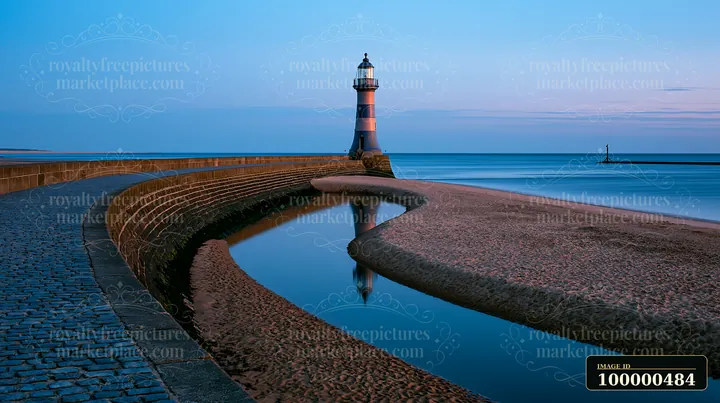 A lighthouse stands beside a winding river as it meets the sea at dusk.