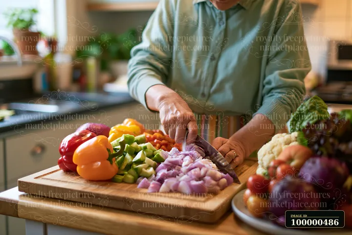 A person prepares vegetables on a cutting board in a kitchen setting.