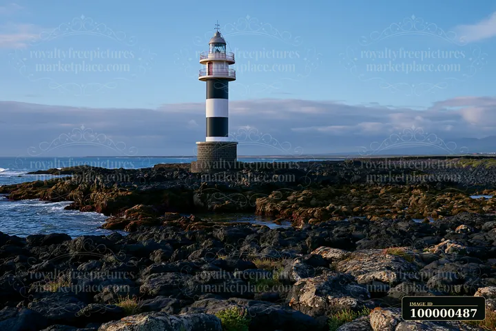 A lighthouse with black and white stripes stands on a rocky coastline by the ocean.