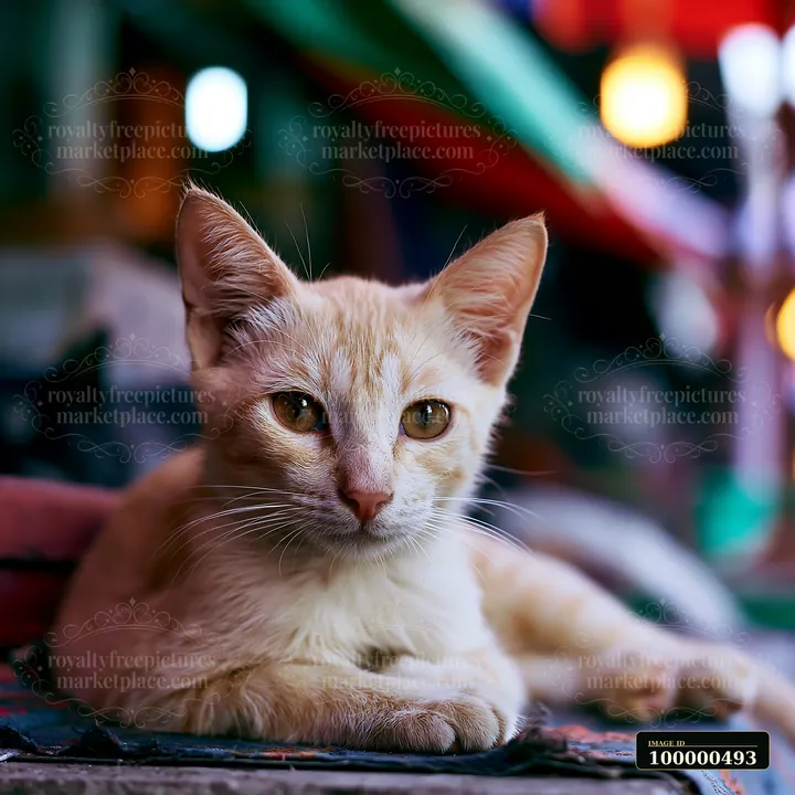 A Mandalay cat lies on a surface with colorful market lights in the background.