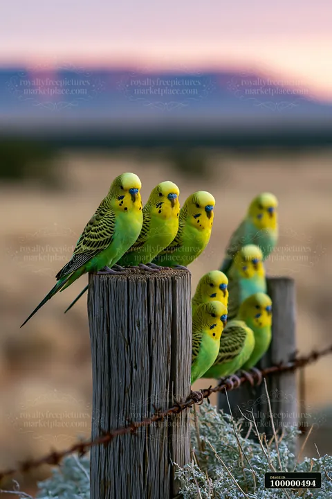 A flock of budgerigars sits on a wooden post surrounded by dry grass in a desert landscape.