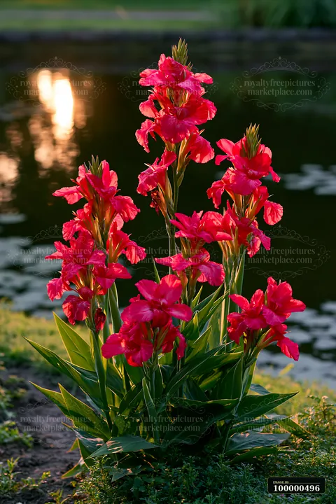 Canna lily flowers grow near a pond with soft sunlight reflecting on the water.