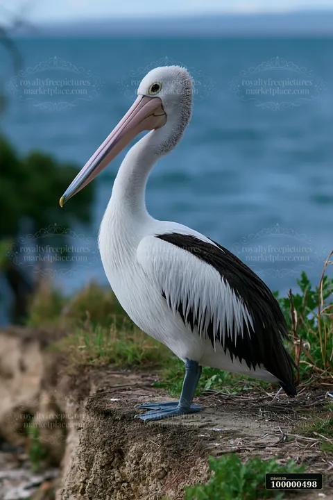 An Australian pelican on coastal lagoon is perched on the edge of a grassy area, overlooking the water.
