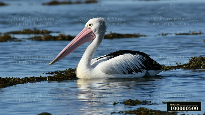 An Australian pelican floats in a coastal lagoon, surrounded by seaweed and calm water.