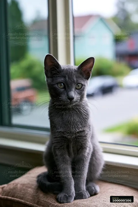 A gray cat sits on a cushion near a window, looking outside at the greenery and vehicles.