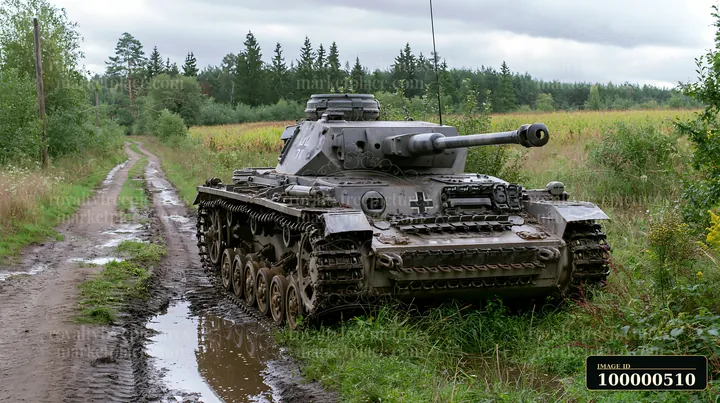 A panzer tank surrounded by grass sits next to a dirt road in a rural area.
