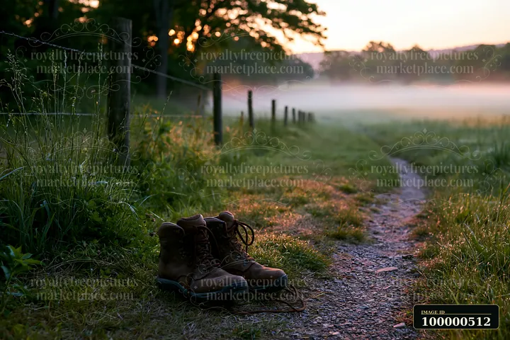 Sunbeams over a misty meadow highlight a pair of hiking boots placed by a dirt path.