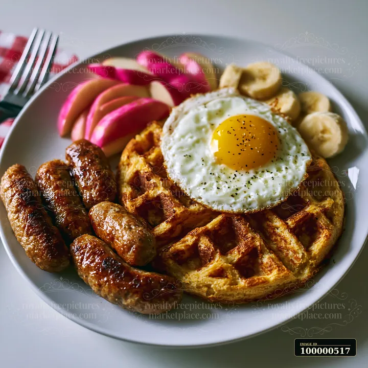 A breakfast plate features a golden waffle topped with a fried egg, alongside sausage links, sliced apples, and banana pieces, creating a filling meal suitable