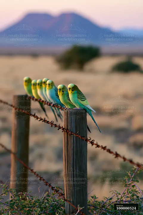 A flock of budgerigars gathers on a wooden fence post in a wide desert area.