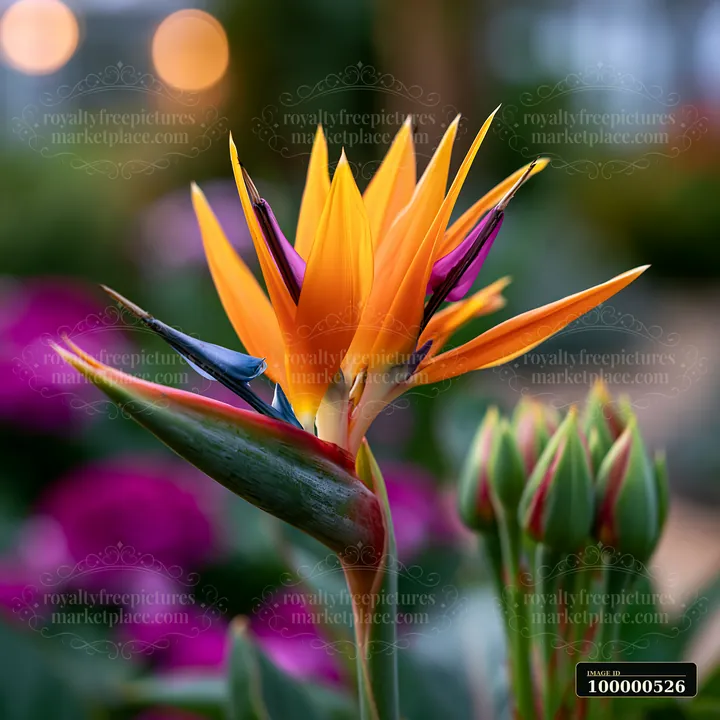 A bird of paradise flower stands tall with its vibrant orange and purple petals.