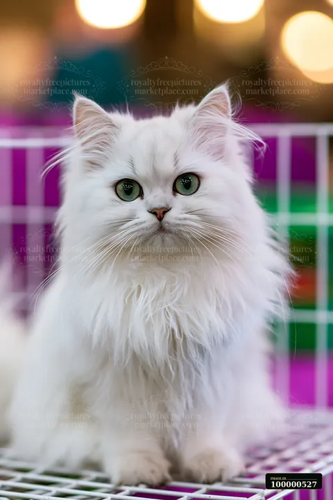 A fluffy white cat sits calmly in its cage at a cat show.