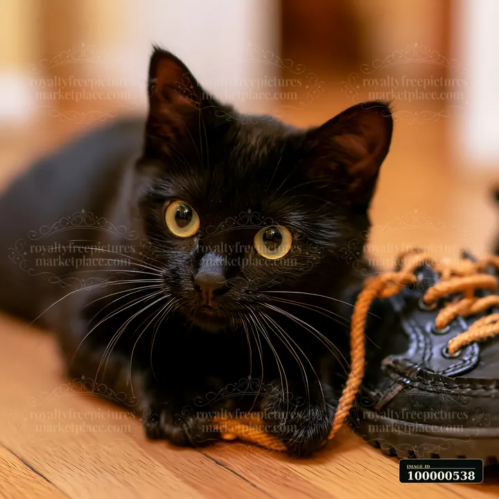 A black cat lies next to a shoe, playing with a lace on a wooden floor.