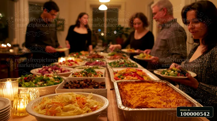 A group of people share a meal at a dining table filled with food.