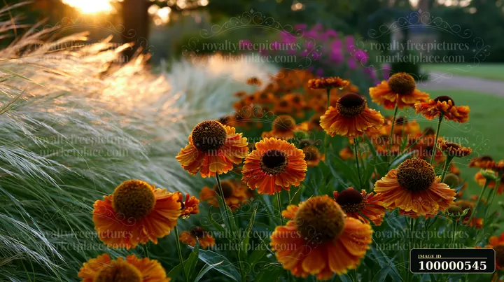 A Singapura cat poses among vibrant orange flowers in a garden during sunset.