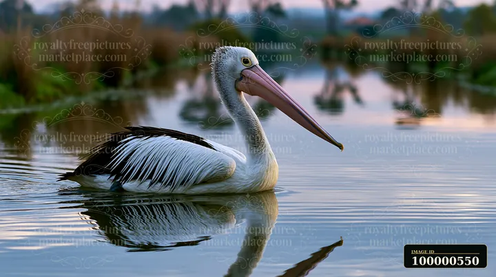 An Australian pelican glides through the calm waters of a coastal lagoon just before sunset, surrounded by tall grasses and reflections on the water's surface.
