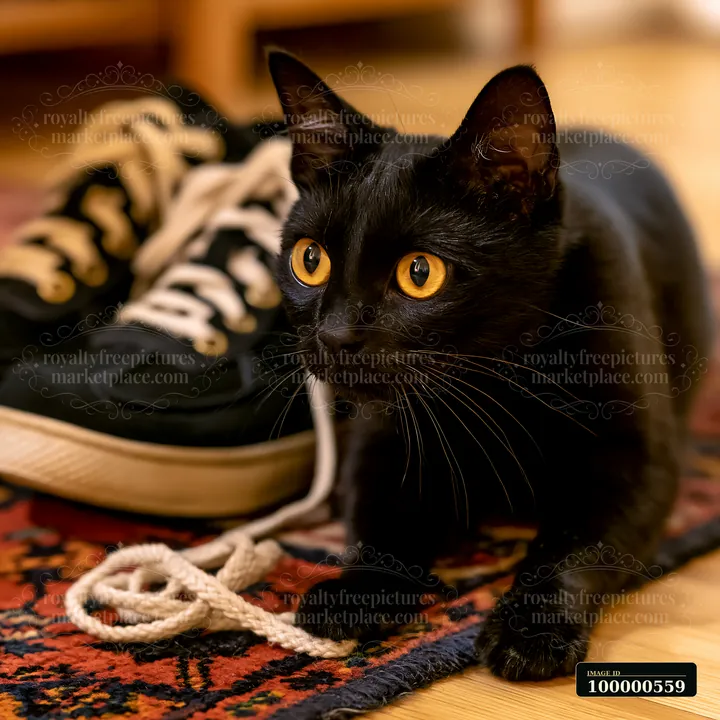 A black cat with bright yellow eyes is curiously watching shoelaces on a patterned carpet.