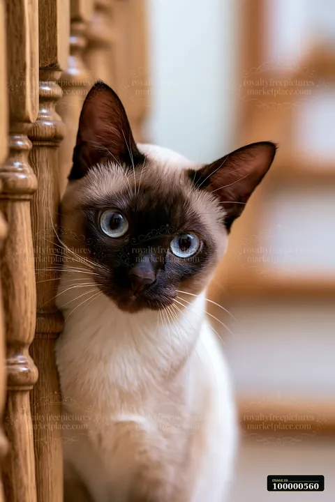 A Tonkinese cat stands by a wooden staircase, looking directly at the camera.