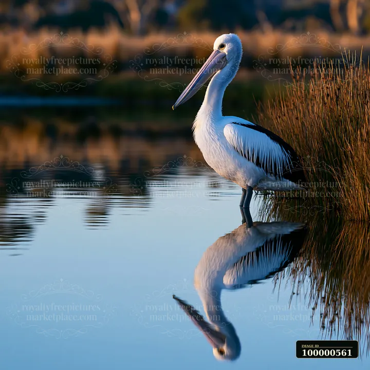An Australian pelican is seen standing near a coastal lagoon during sunset, reflecting on the still water.