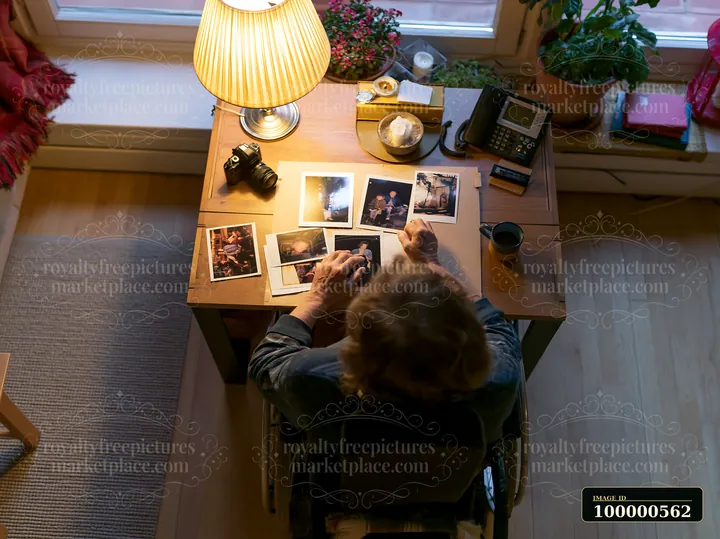 A person with muscular dystrophy using a wheelchair looks at old photographs on a desk.