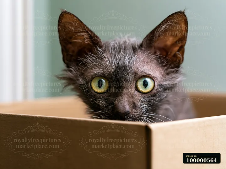 A Lykoi cat looks out from a cardboard box, showcasing its unique fur and large green eyes.