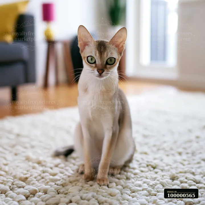 A light-filled room has a cat sitting on a fluffy rug.