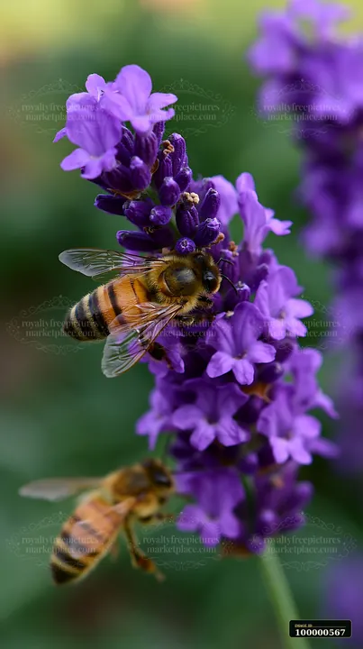 A honey bee closeup on purple lavender shows the bee actively collecting nectar from vibrant blooms.