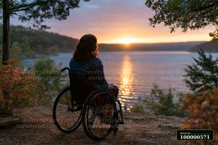 A person with muscular dystrophy using a wheelchair sits on a rocky shore, watching the sunset over the lake.