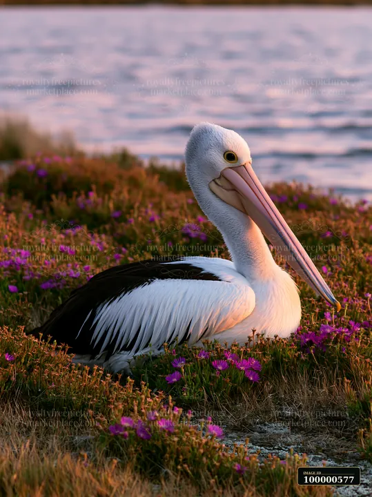 An Australian pelican on coastal lagoon sits among blooming wildflowers during golden hour.