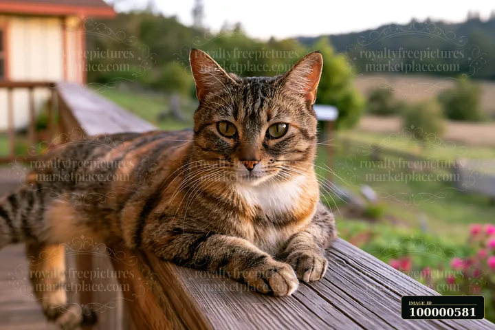 A California Spangled cat lies on a wooden railing with a soft green background.