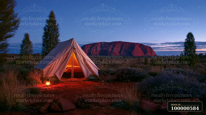 A tent stands in the foreground with a lantern lit next to it under a starry sky and Uluru in the background.