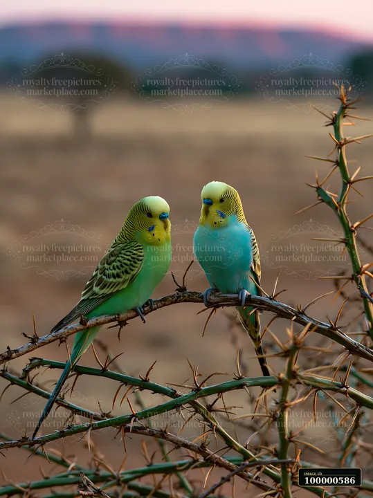 Two budgerigars sit on a thorny branch against a desert backdrop.
