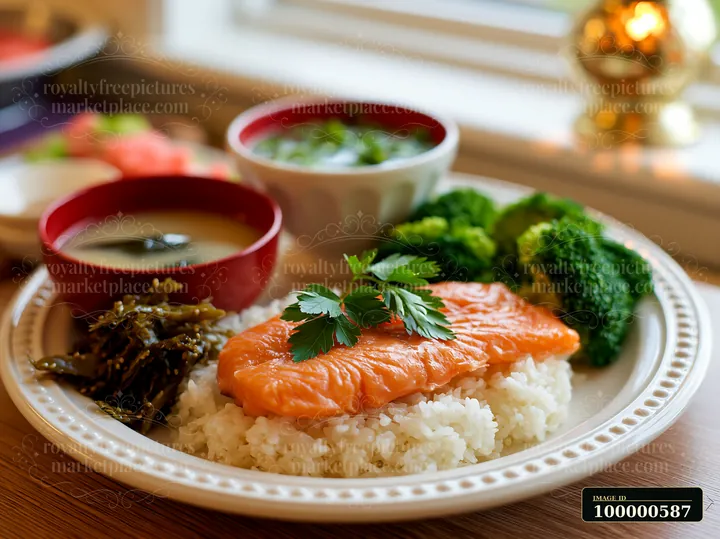 This meal includes a salmon fillet placed on a bed of rice, accompanied by broccoli, seaweed salad, and miso soup, all arranged on a plate near a window.