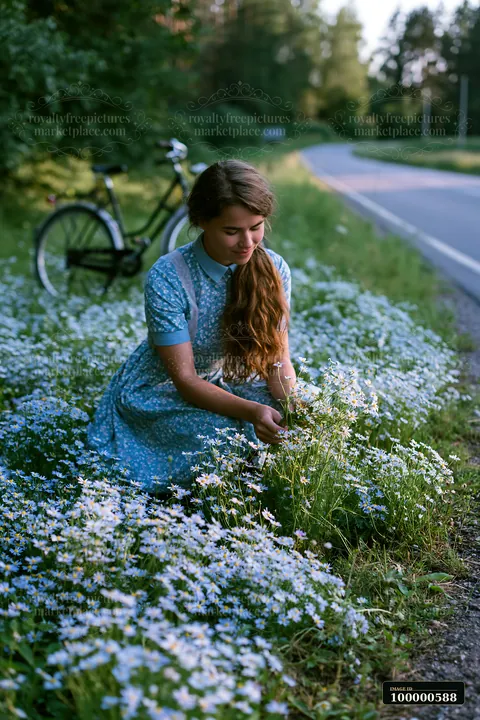 A girl sits among white and blue flowers by a roadside, holding a flower as she enjoys nature.