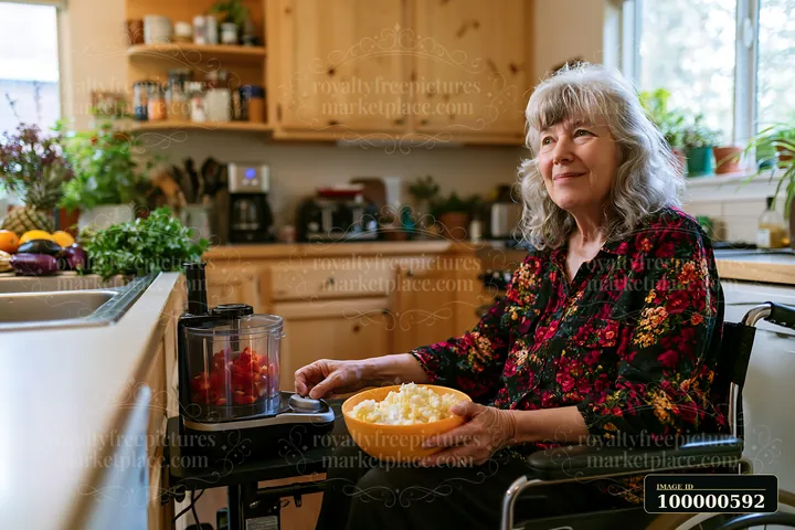 A person in a wheelchair uses adaptive kitchen tools to prepare a meal in a kitchen filled with wooden cabinets and plants.