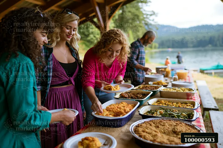 People enjoy a meal outdoors at a lakeside gathering.