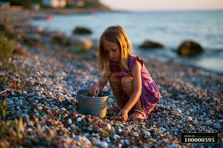 A rare dog breed wearing winter coat sits near a child collecting pebbles by the water at sunset.