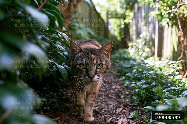 A California Spangled cat walks through a lush garden path lined with green plants and bushes.