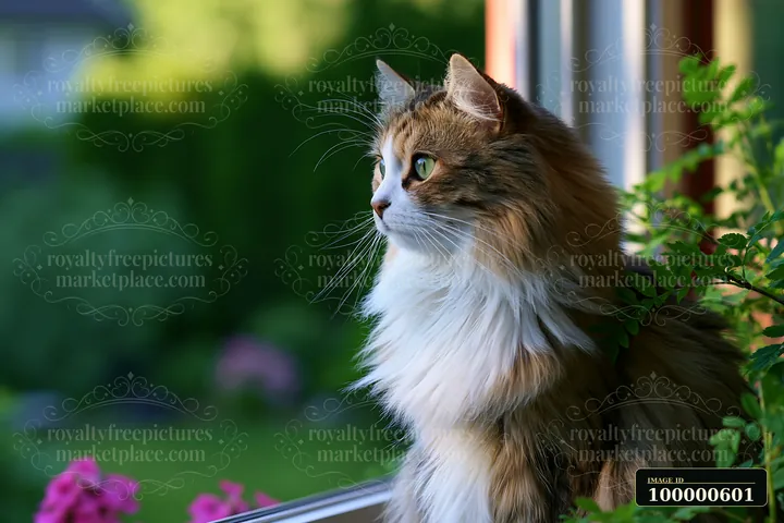 An Asian Semi-longhair cat sits by a window, gazing outside amidst green plants and blooming flowers.
