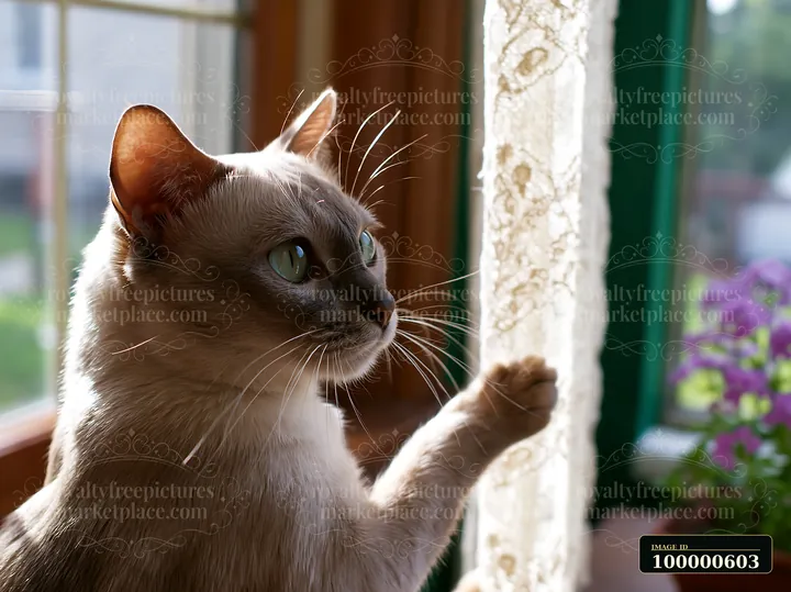 A Tonkinese cat looks curiously out the window, bathed in soft light from the sun.