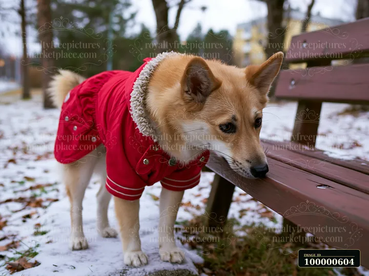 A rare dog breed wearing a winter coat stands near a park bench in light snow.