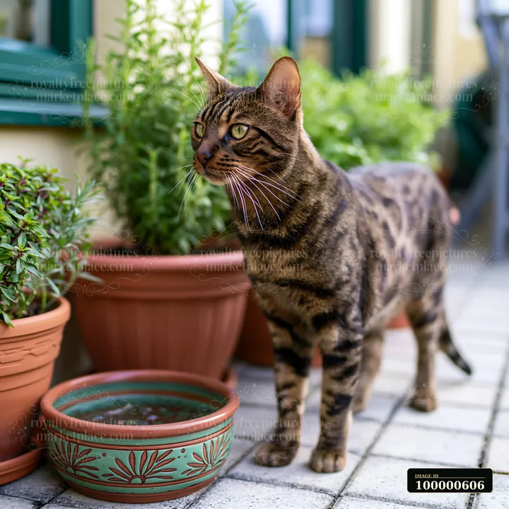A California Spangled cat stands by a decorative water bowl and potted plants on a patio.