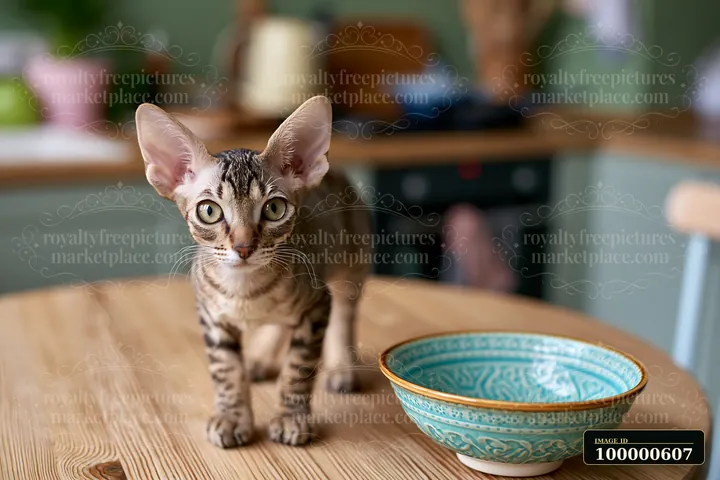 A cat with a distinct pattern walks across a wooden table next to a decorative bowl.