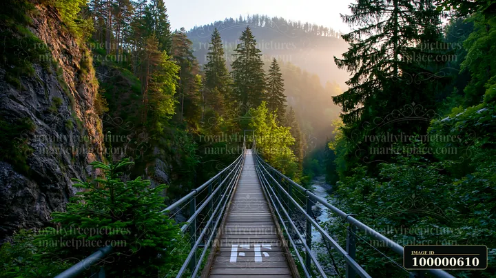 A bridge spans a river in a dense forest as golden light filters through trees in the Swiss landscape.