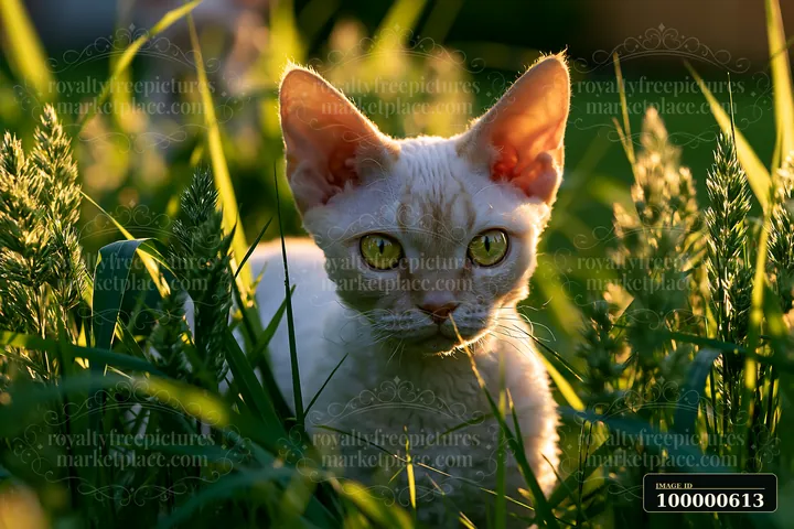 A Devon Rex cat with large ears explores the tall grass in a sunlit setting.