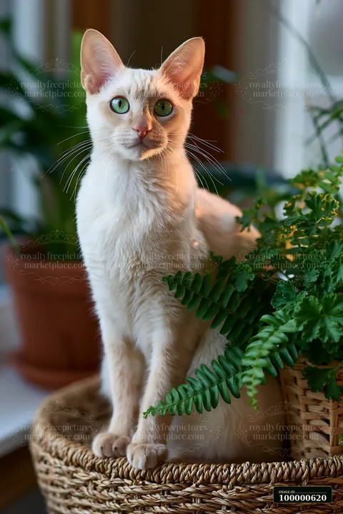 A Dwelf cat sits among green plants in a woven basket near a window, showcasing its unique features.