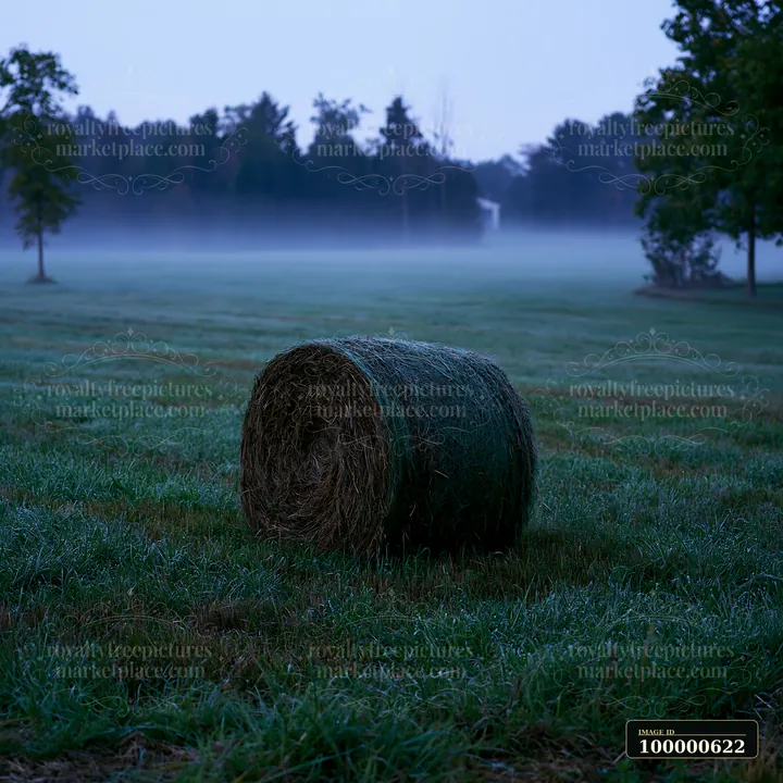 Fog drifting across meadow surrounds a round hay bale in the early morning.
