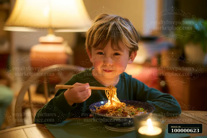 A child sits at a dining table, enjoying a bowl of noodles while using chopsticks.