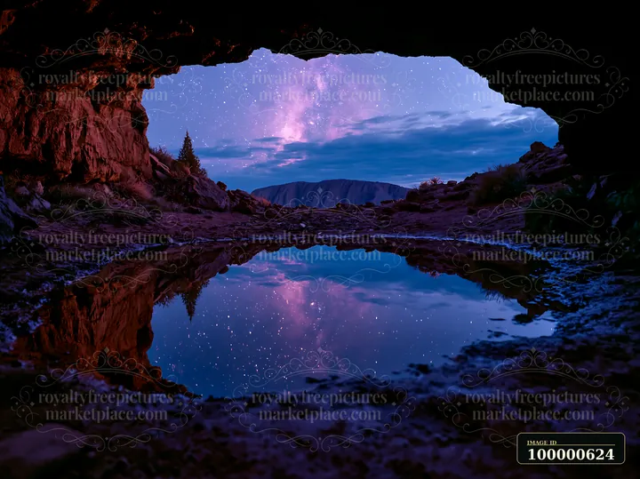 Uluru under a starry night sky features a view from a cave looking towards a reflection in water.