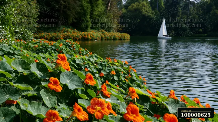 Nasturtiums cover the banks of a lake where a small sailboat glides across the water.